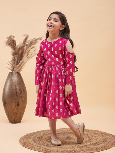 Girl's Dark Pink Foil Printed Cold Shoulder Kurti